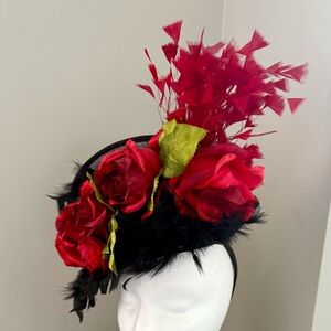 Black Fascinator Headband with Red Rose Accents